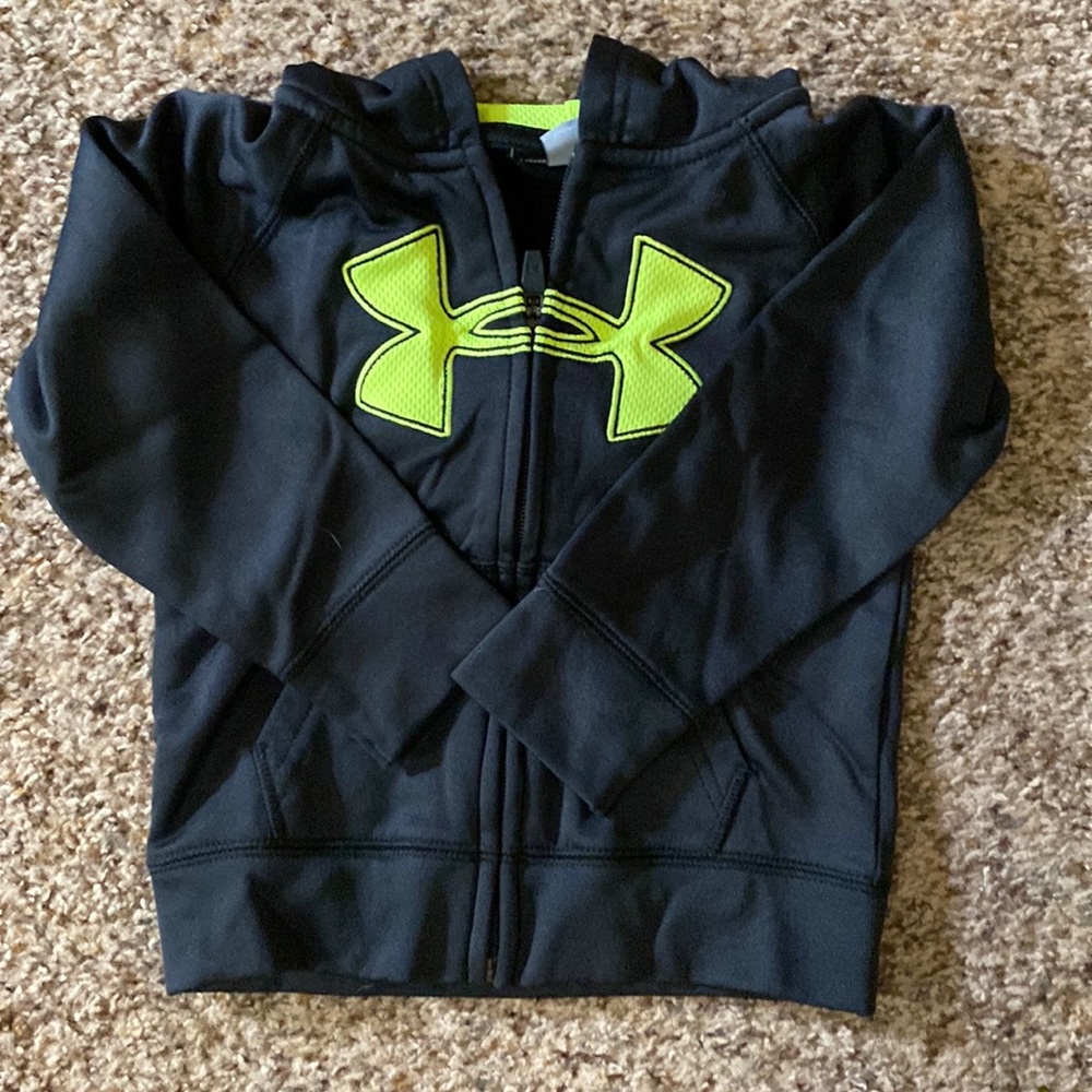 Black and neon yellow Under Armour zip hoodie. Size 2T
